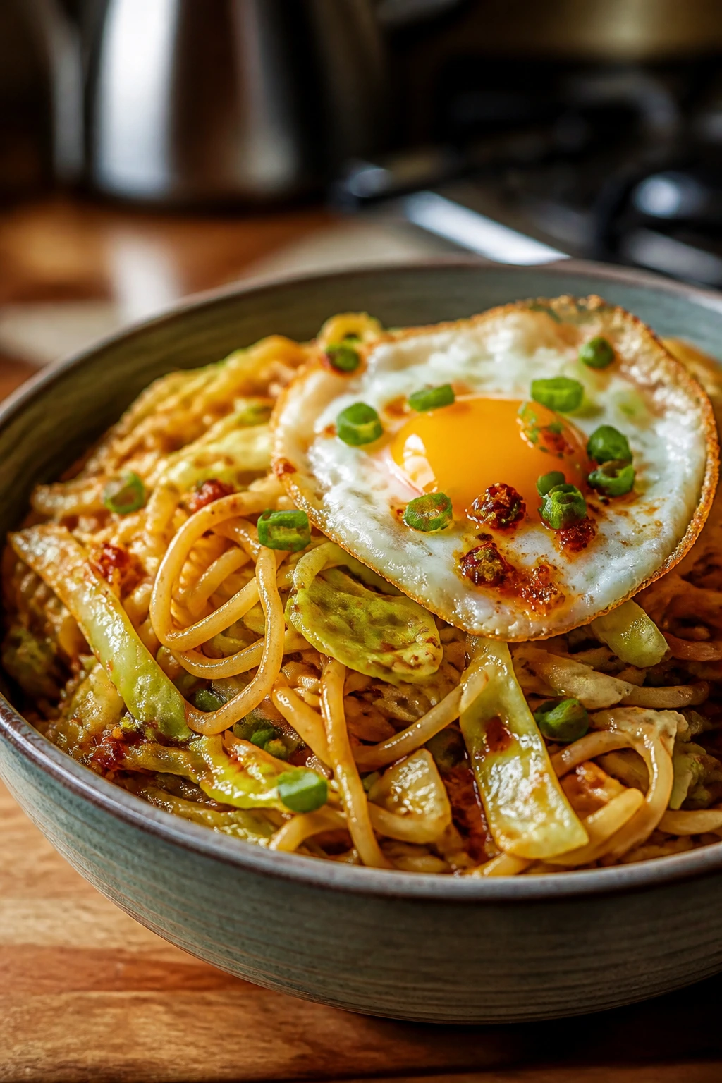 Chili garlic noodles with egg and cabbage in a bowl