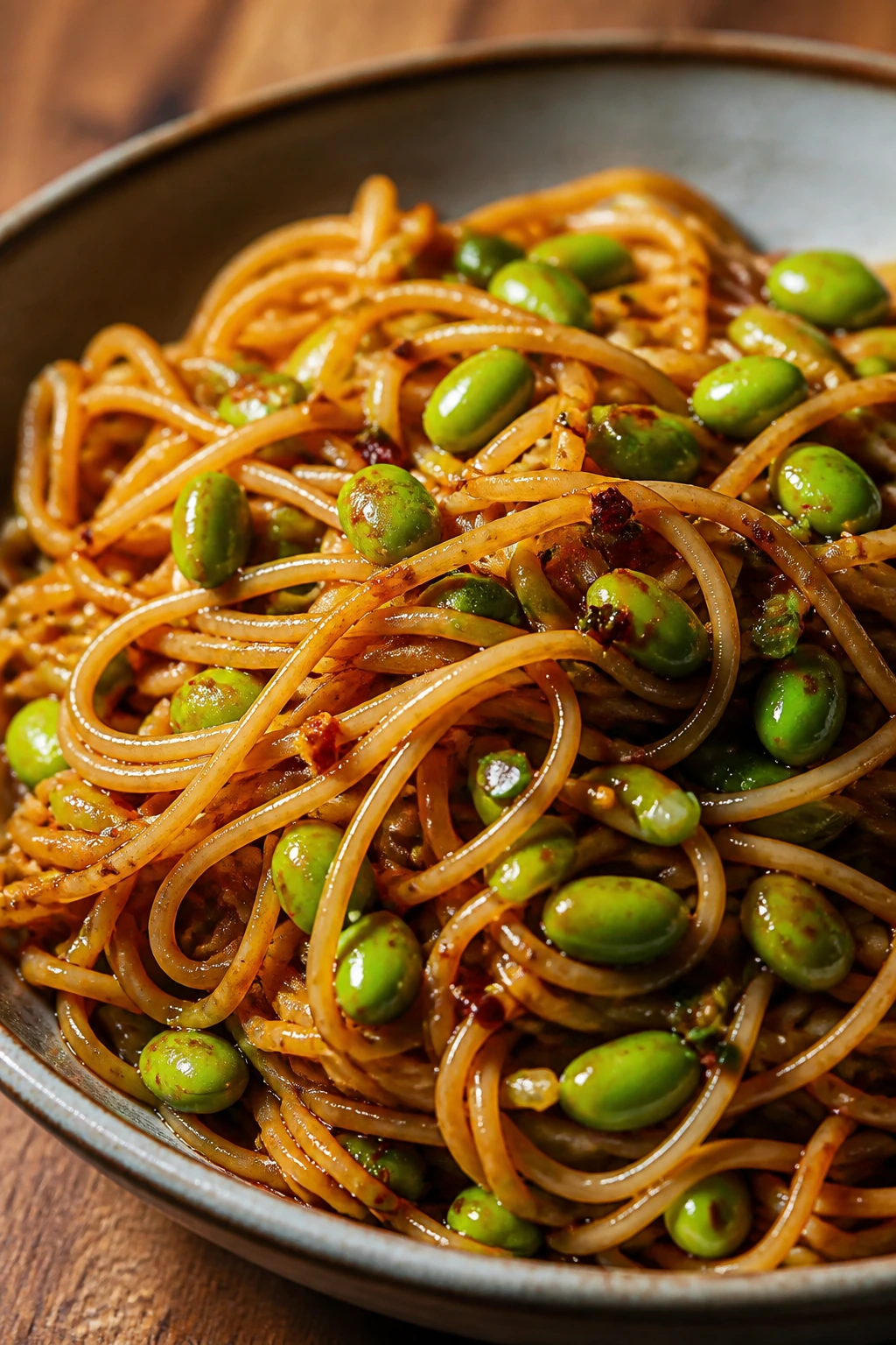 Close-up of chili garlic noodles with edamame in glossy sauce