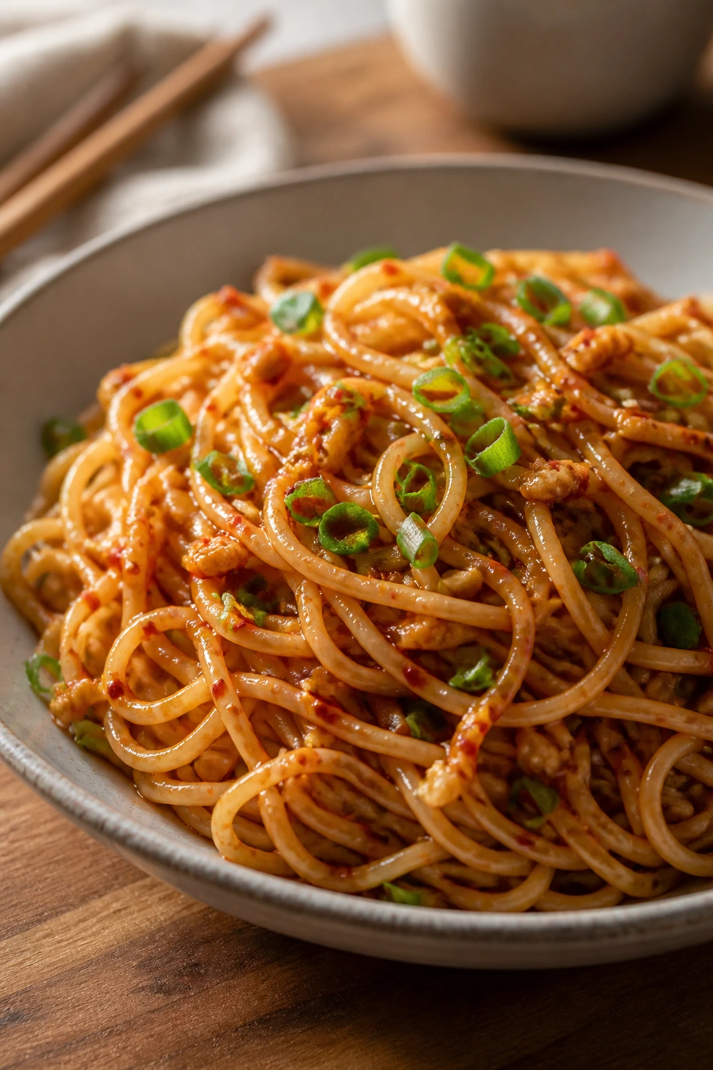 Glossy chili garlic noodles with garlic and scallions in a bowl