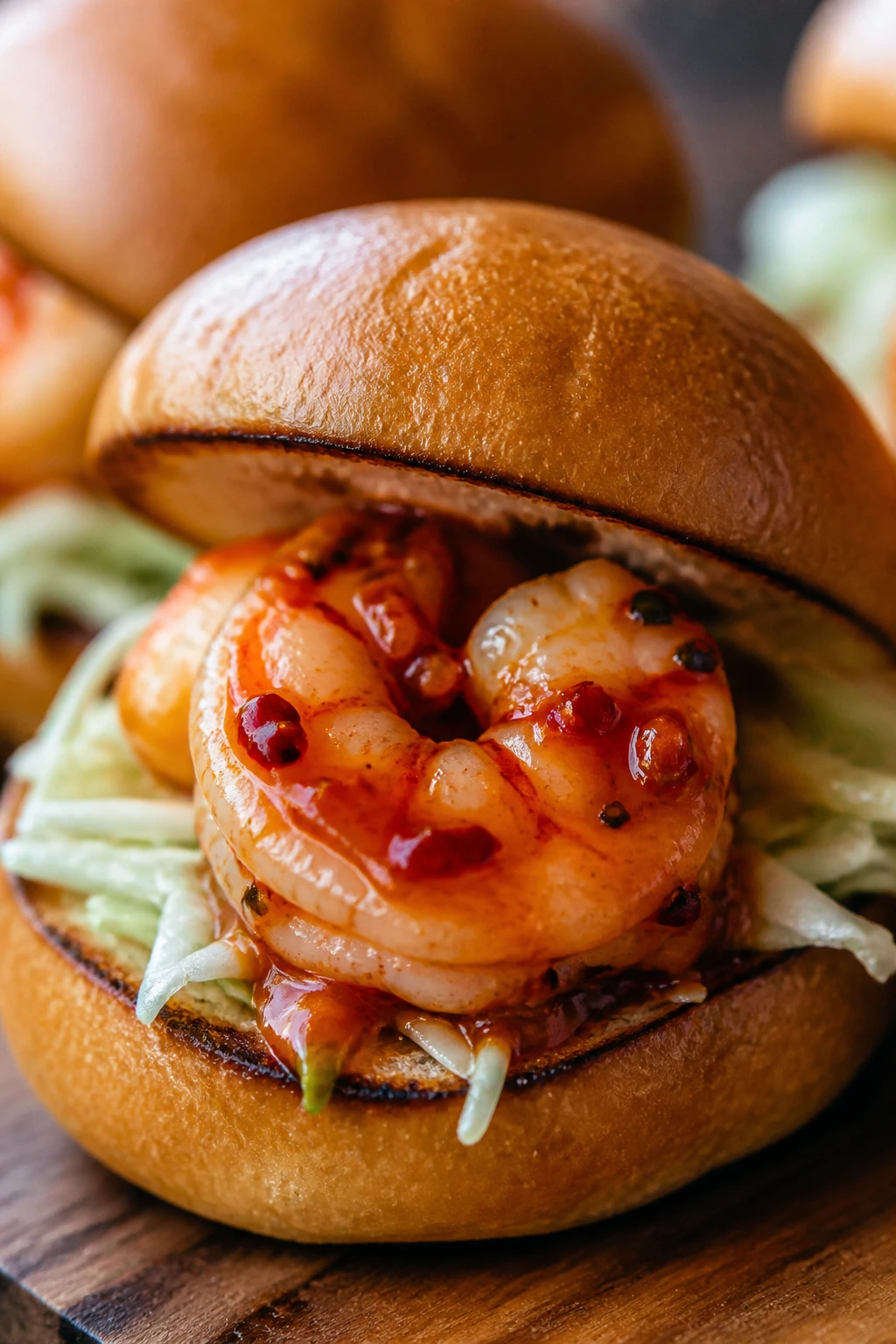 Close-up of Chili-Garlic Shrimp Slider with shrimp on top