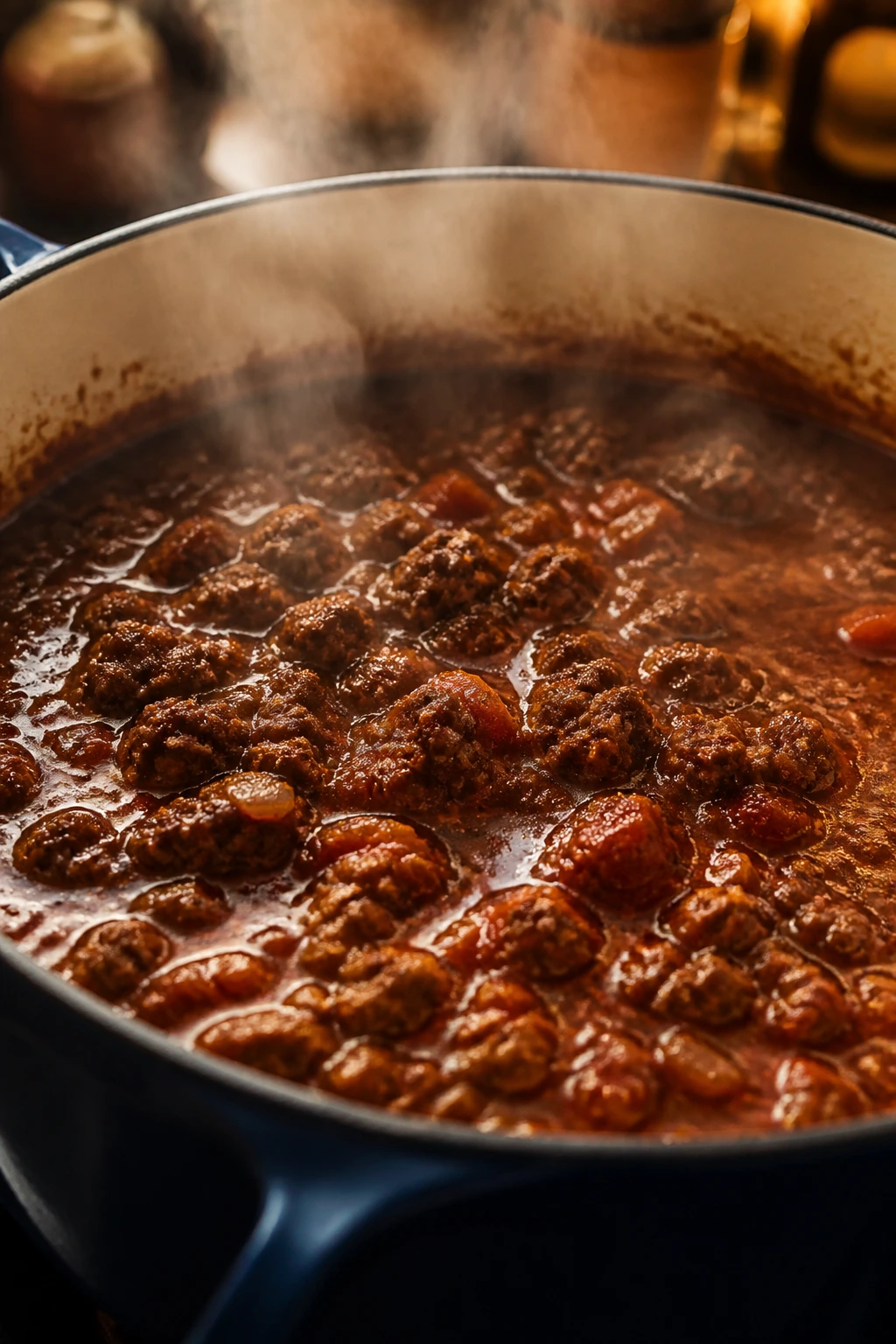 Beef browning in a Dutch oven with layers of sauce and steam