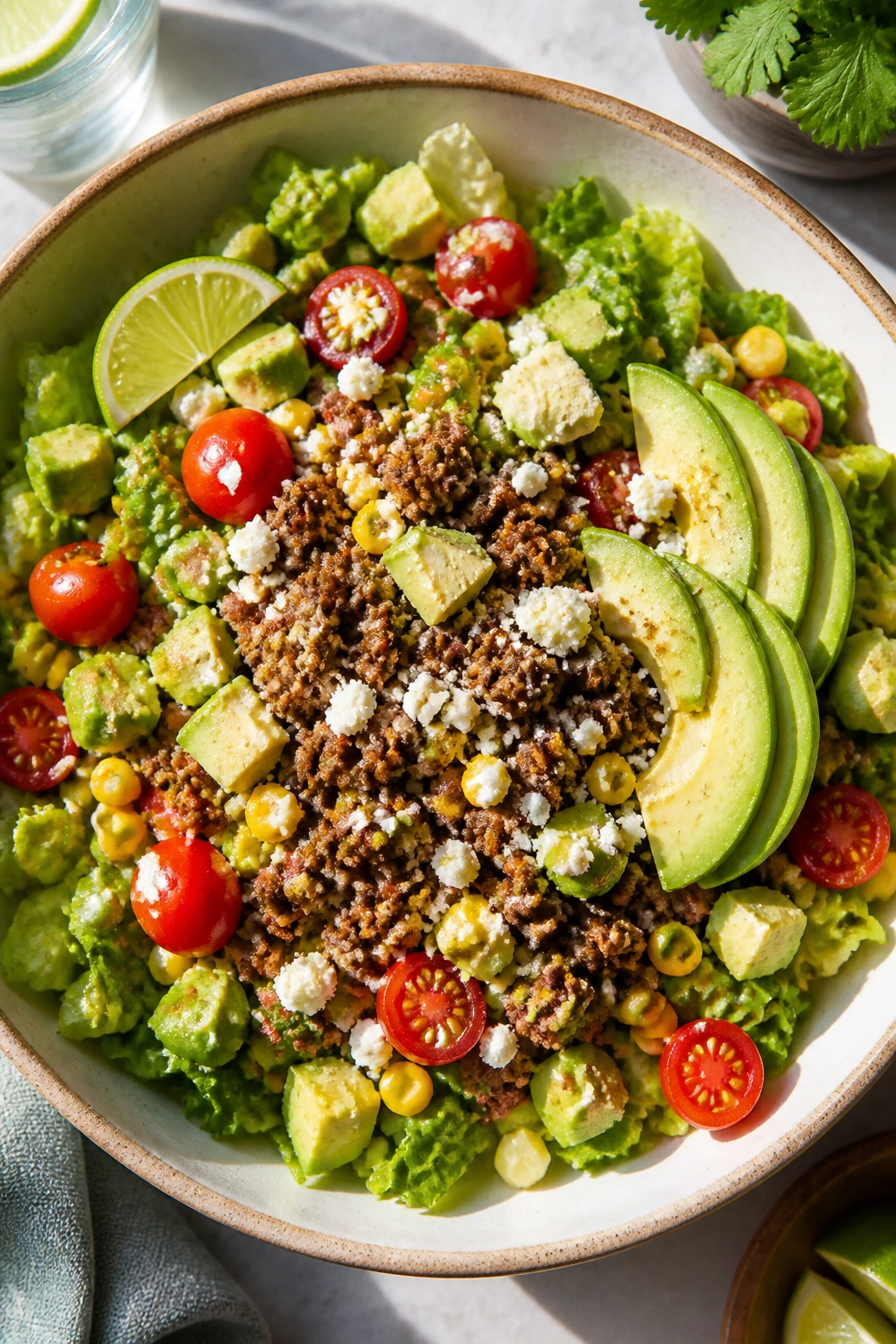Bright bowl of Chili-Lime Beef Taco Salad with avocado and cotija