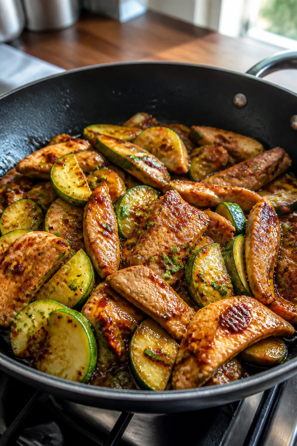 Close-up of chili lime chicken with zucchini in a sizzling skillet