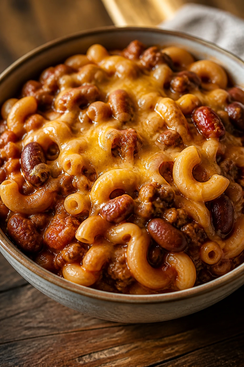 Bowl of chili mac with beans