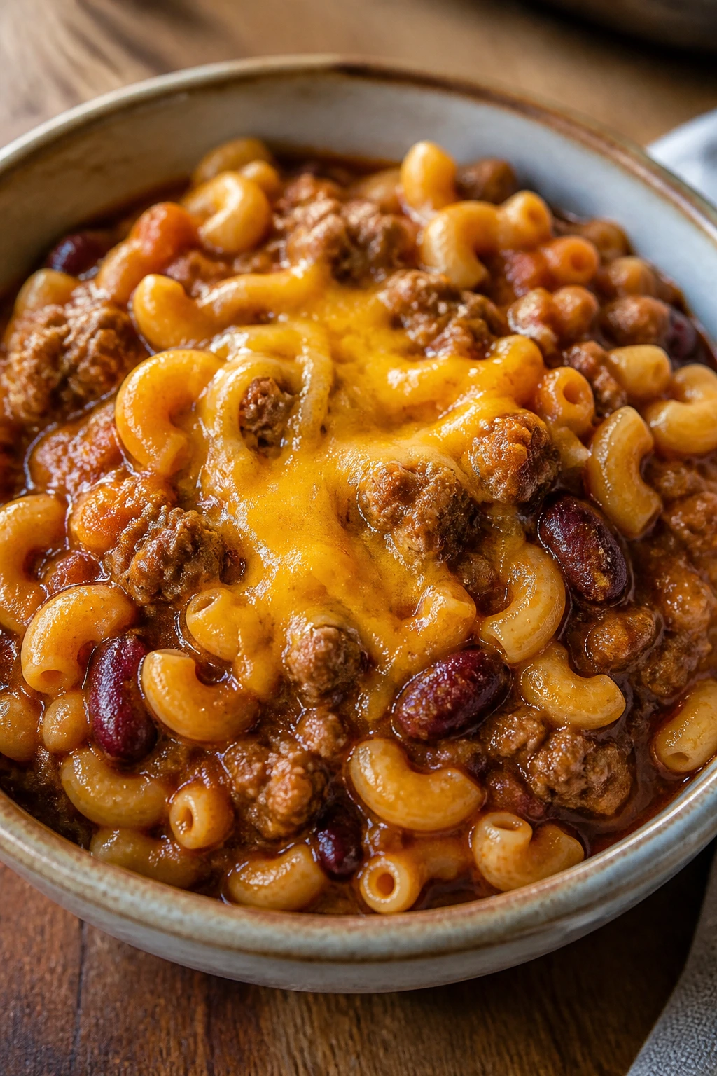 Close-up of Chili Mac with ground beef and beans in a bowl