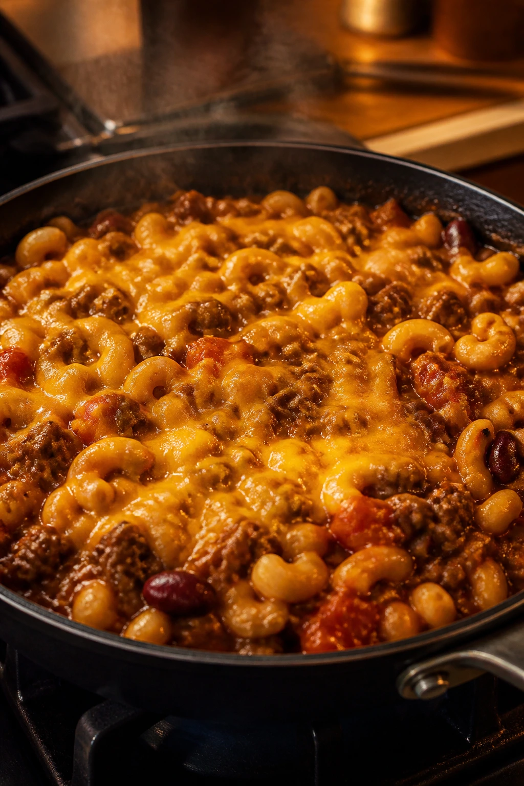 Close-up of chili mac in a skillet with melted cheddar and beefy sauce