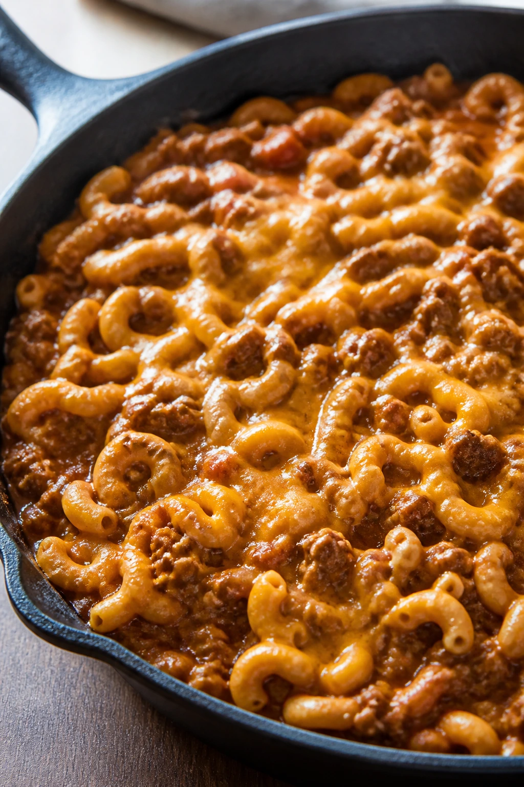 Close-up of chili mac in skillet with beef, pasta, and melted cheddar