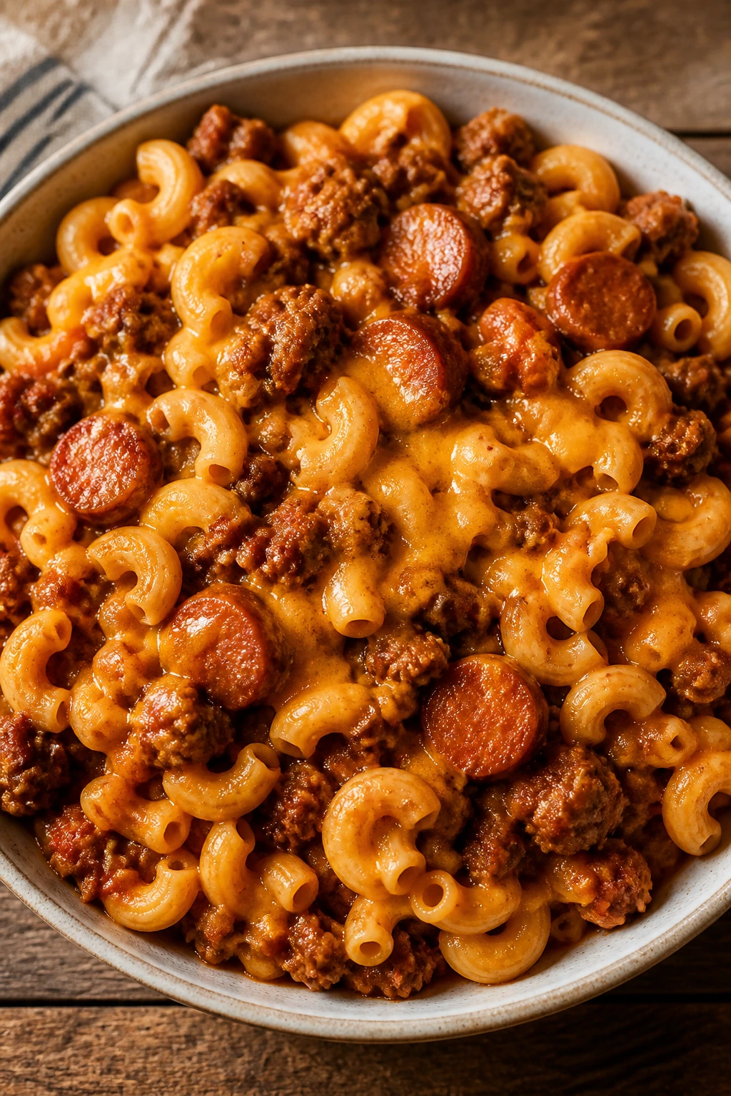 Close-up of chili mac with beef and sausage in a steaming bowl