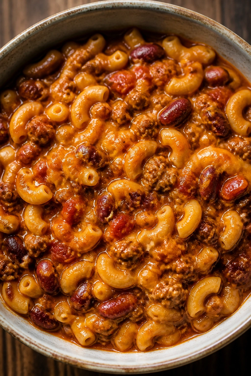 Hearty bowl of chili mac with cheese in a cozy kitchen.