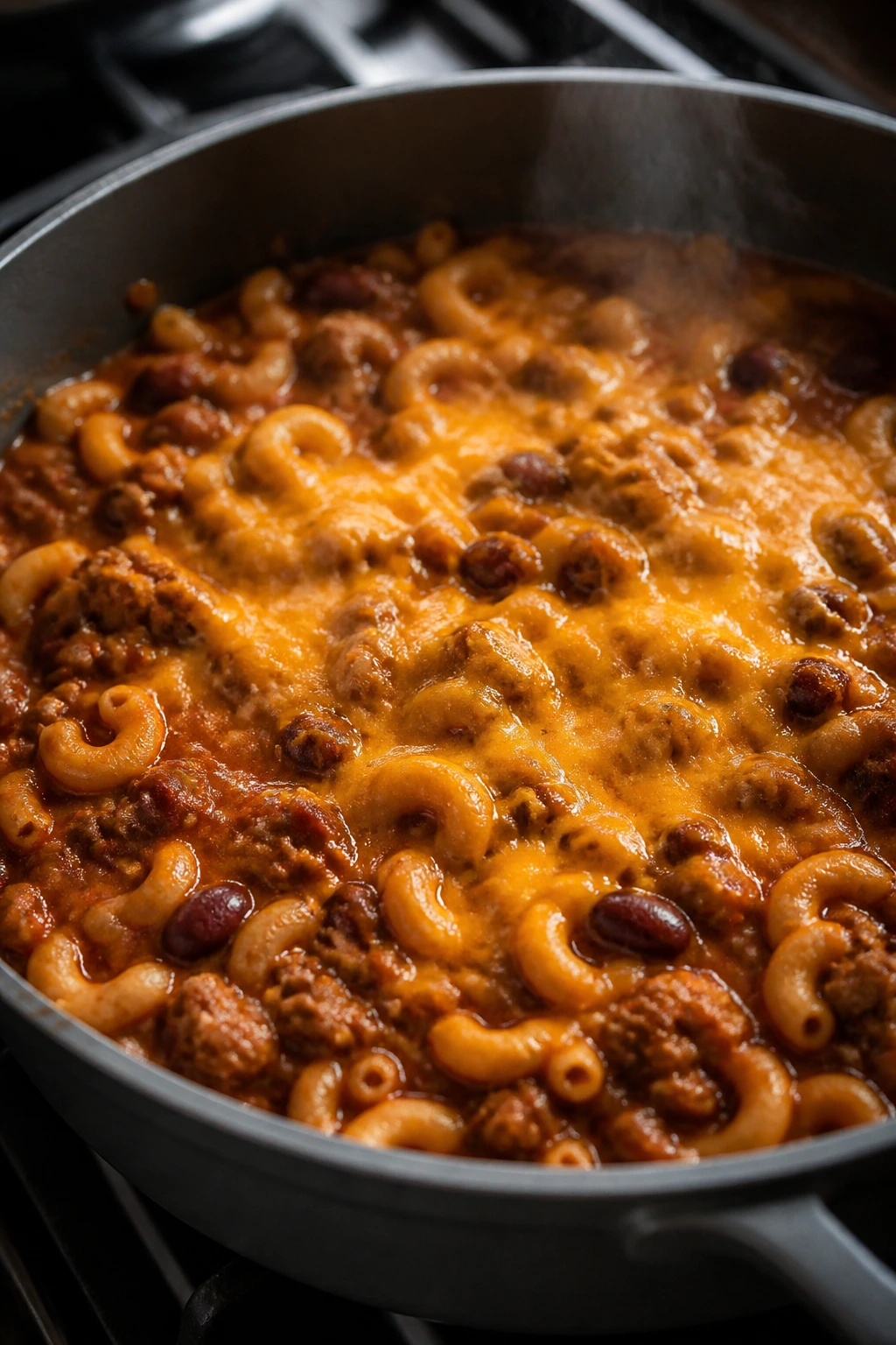 Chili mac with beans and cheddar in a one-pot dish