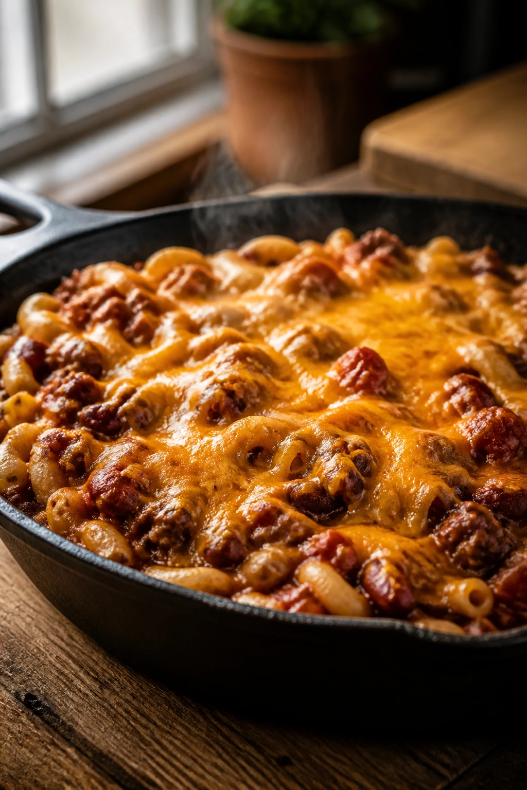 Close-up of chili mac with cheddar in a cast-iron skillet in a warm kitchen