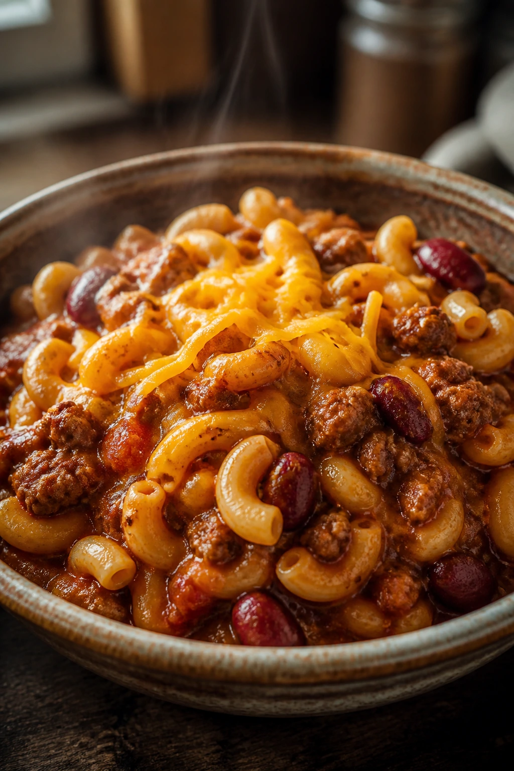 Bowl of chili mac topped with cheddar in a cozy kitchen