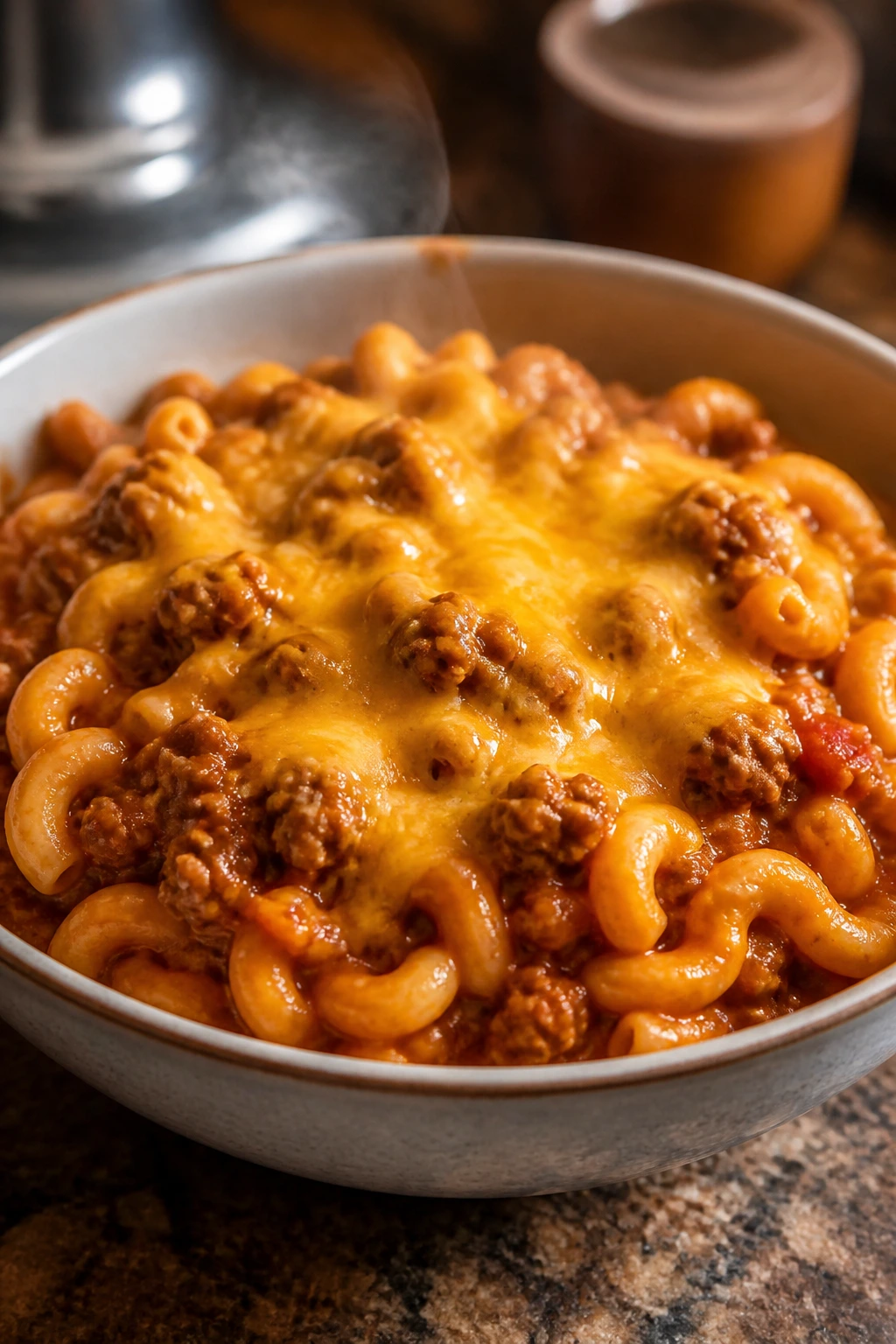 Steaming bowl of chili mac with cheddar on top