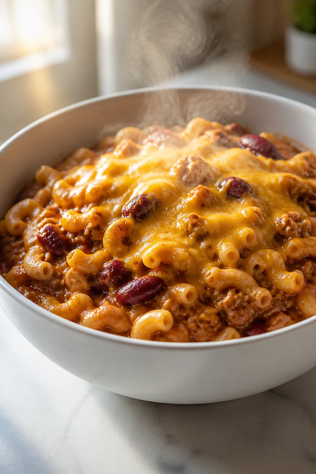 Steaming chili mac in a white bowl on a bright kitchen counter