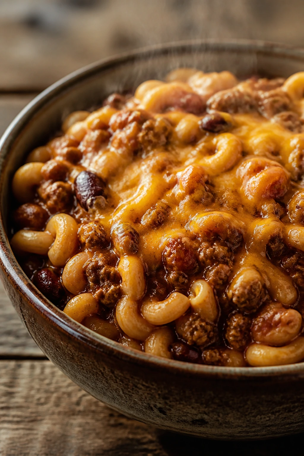 Close-up of chili mac in a rustic bowl