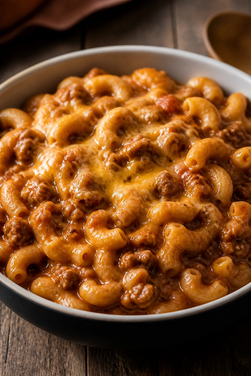Steaming bowl of chili mac with beef and cheese on a rustic counter