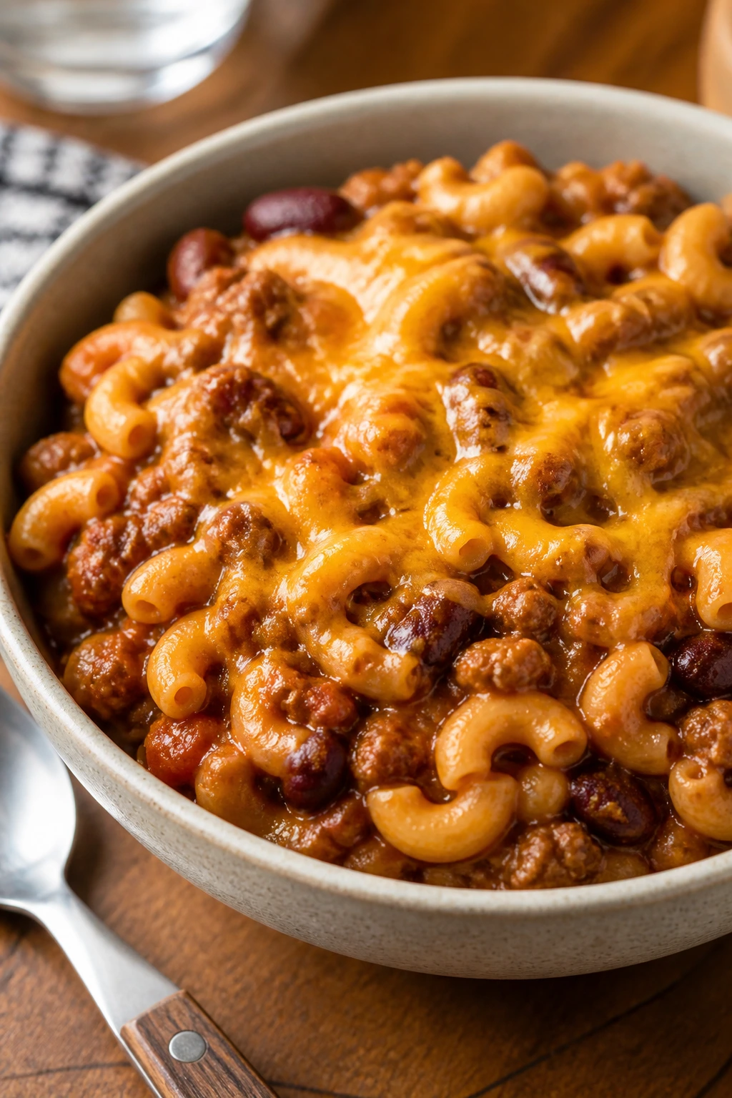 Bowl of chili mac with cheddar on top
