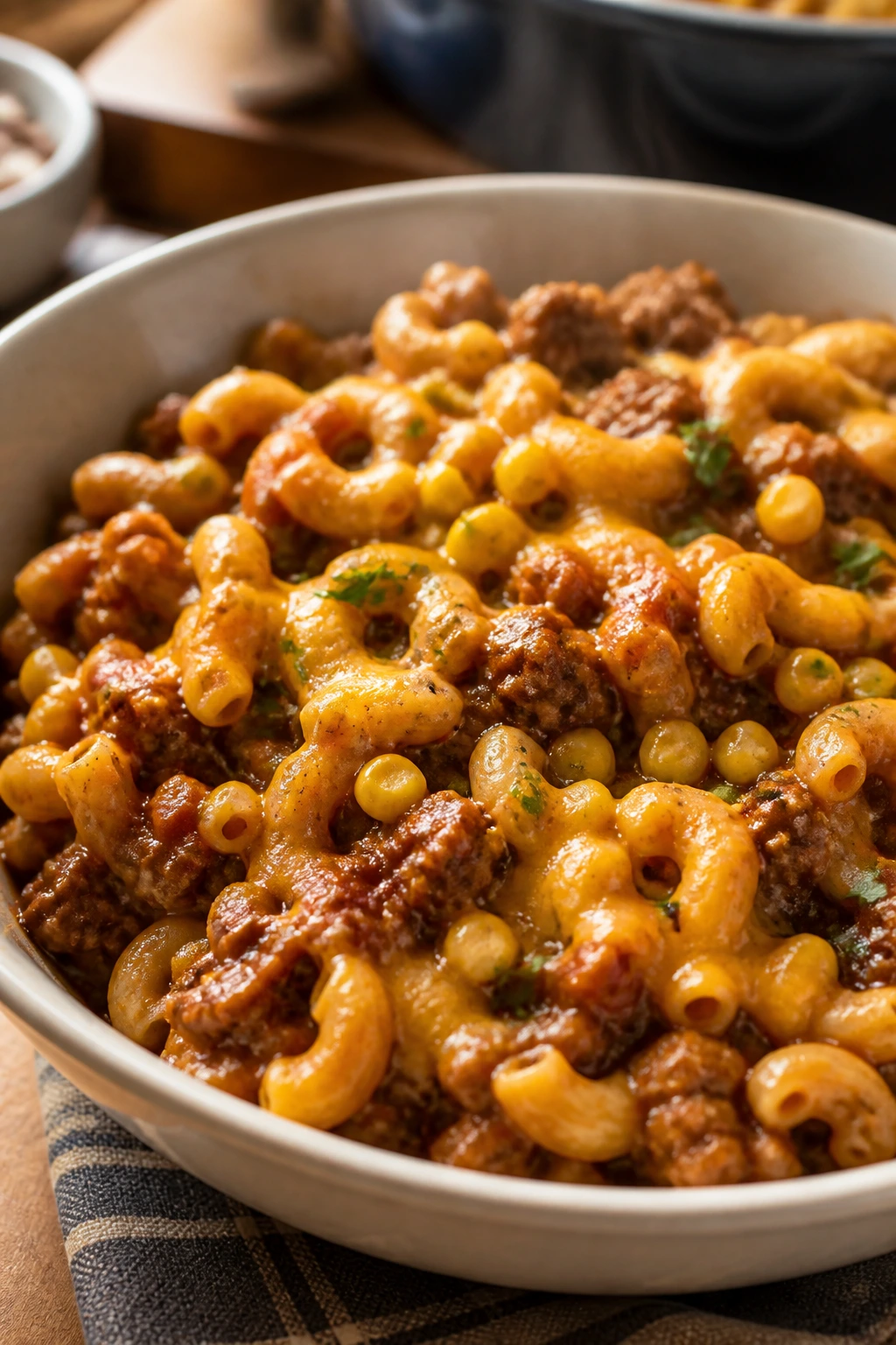 Bowl of chili mac with corn and cheddar