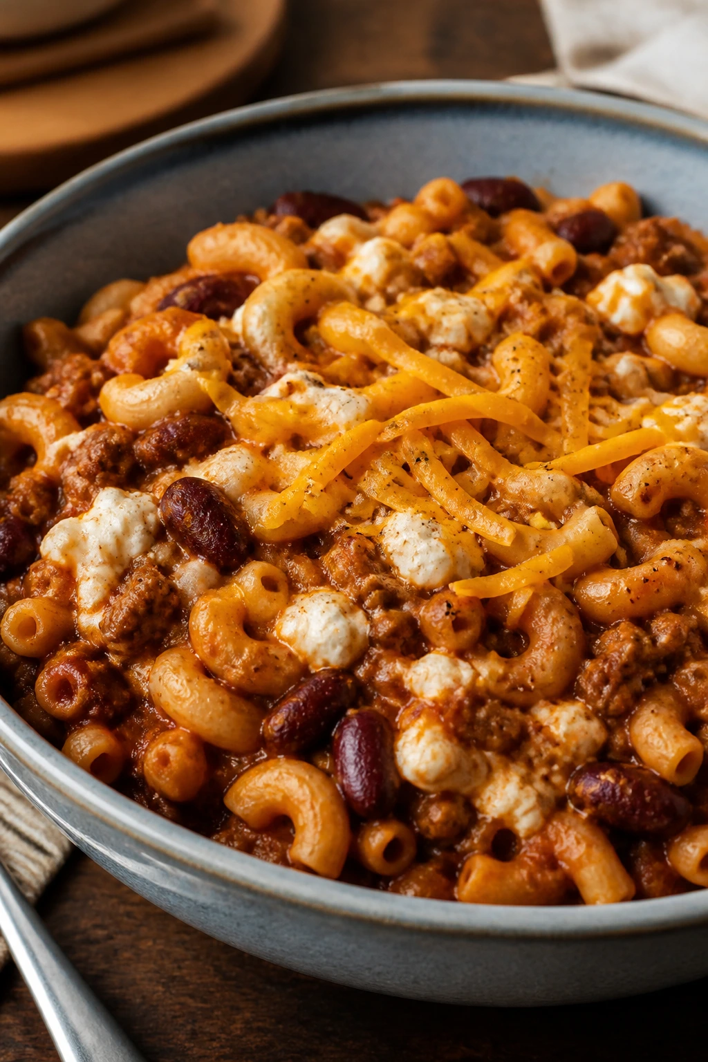 Thick chili mac with cottage cheese in a bowl