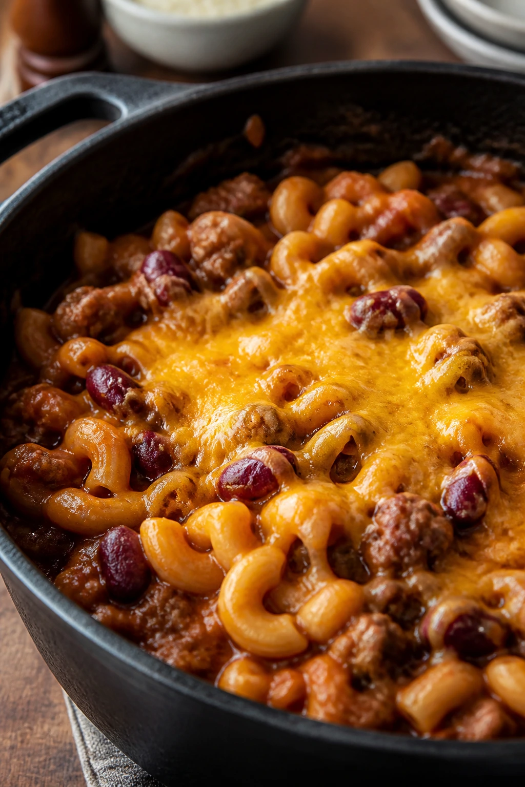 Close-up of chili mac in a cast-iron pot on a warm kitchen counter