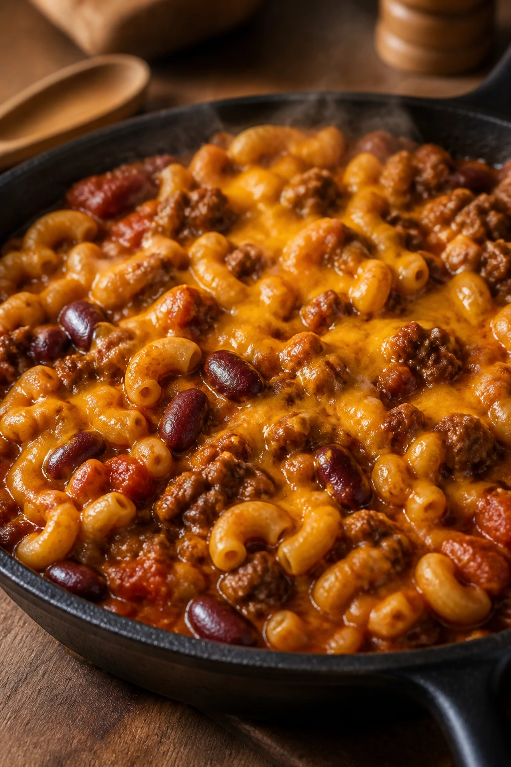 Close-up of chili mac with hamburger in a cast-iron skillet on a wooden table