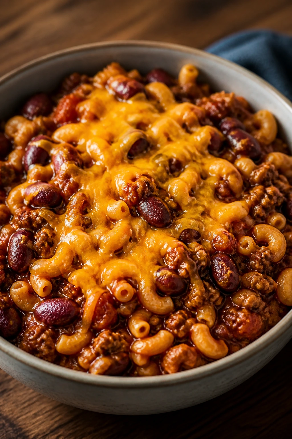 Hearty chili mac with kidney beans and melted cheddar in a bowl on a wooden table