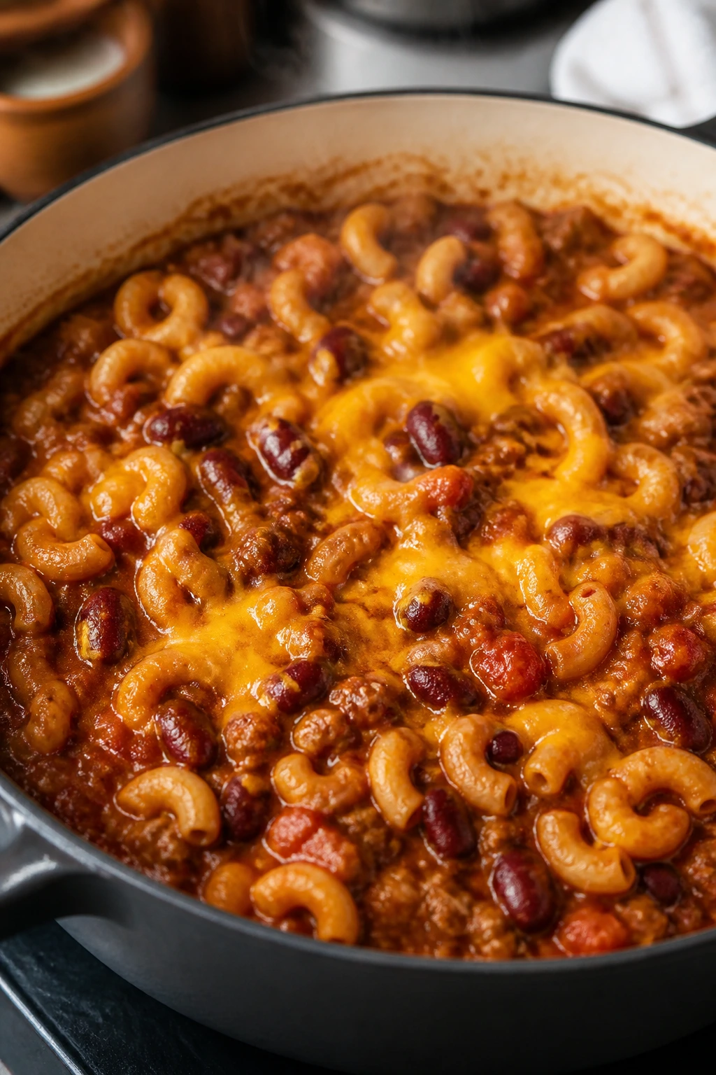 Chili mac with kidney beans in a tomato-cheese sauce