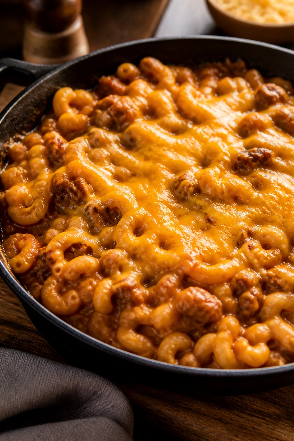 Hearty chili mac in a skillet with melted cheddar topping