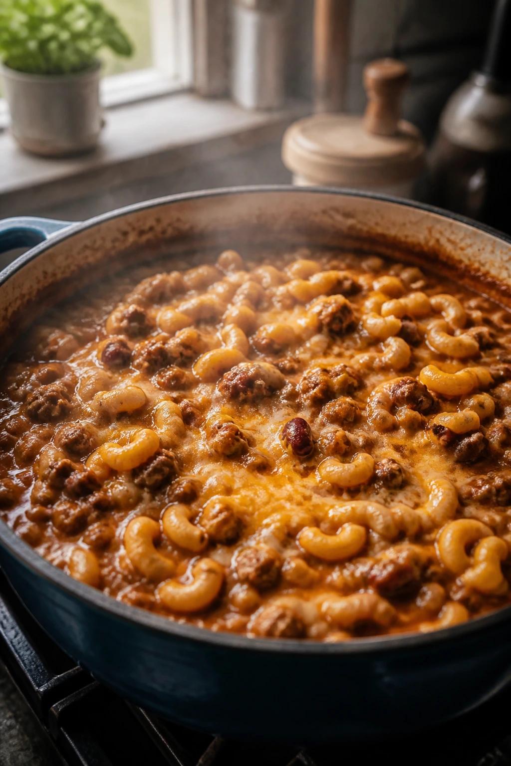 Pot of chili mac with cheese melting on top