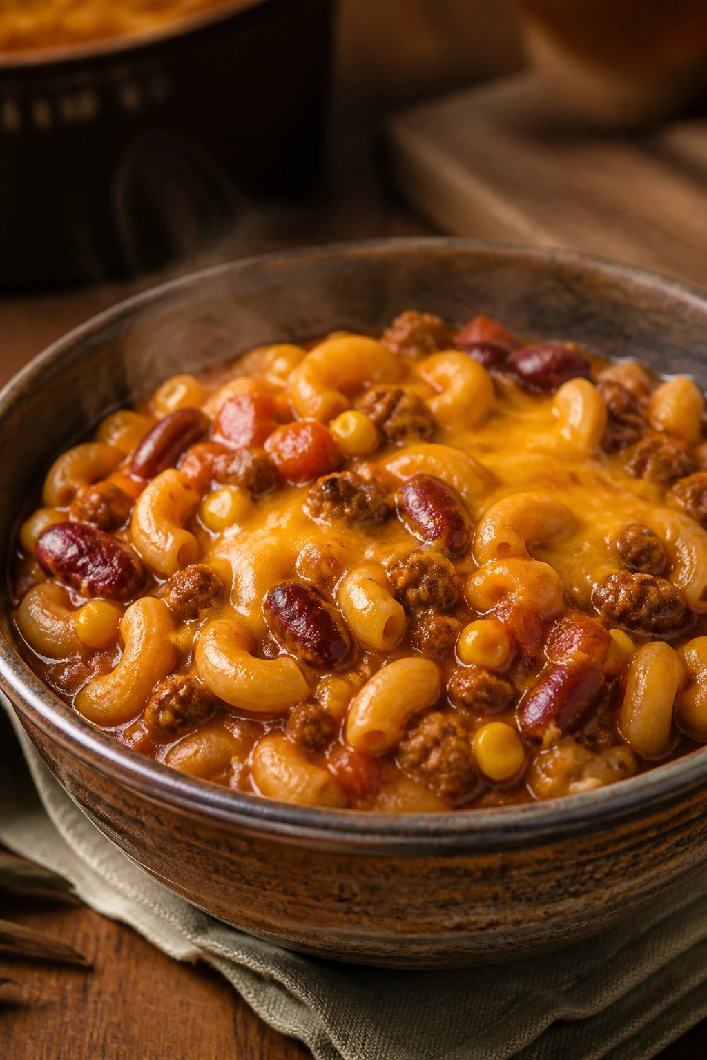 Close-up of chili mac with cheese and beans in a bowl