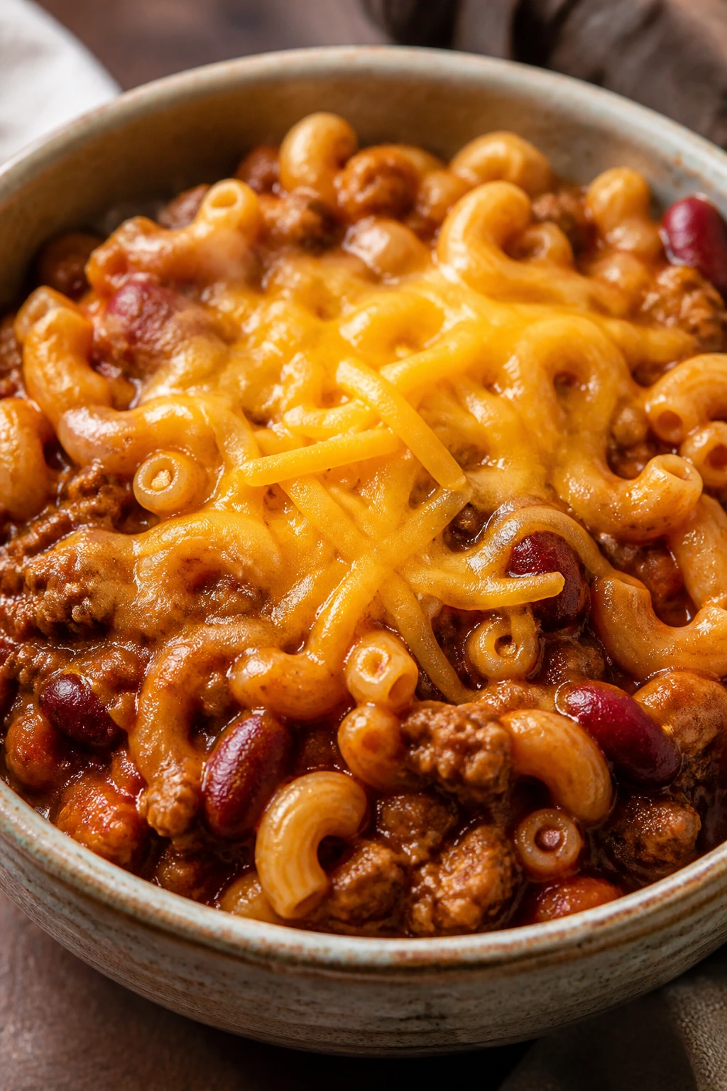 Close-up of chili mac in a bowl with cheddar on top