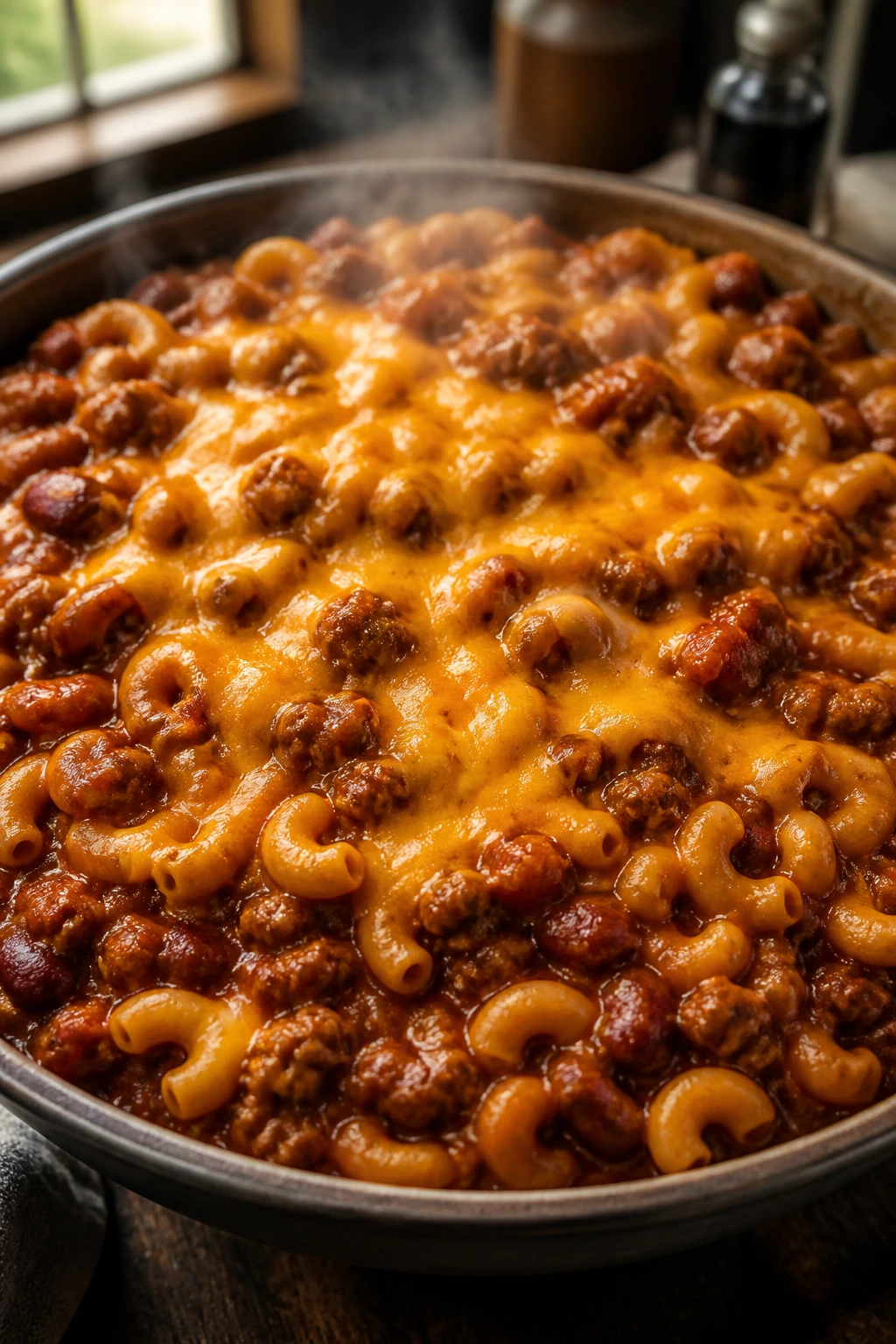 Steaming bowl of chili mac with cheese