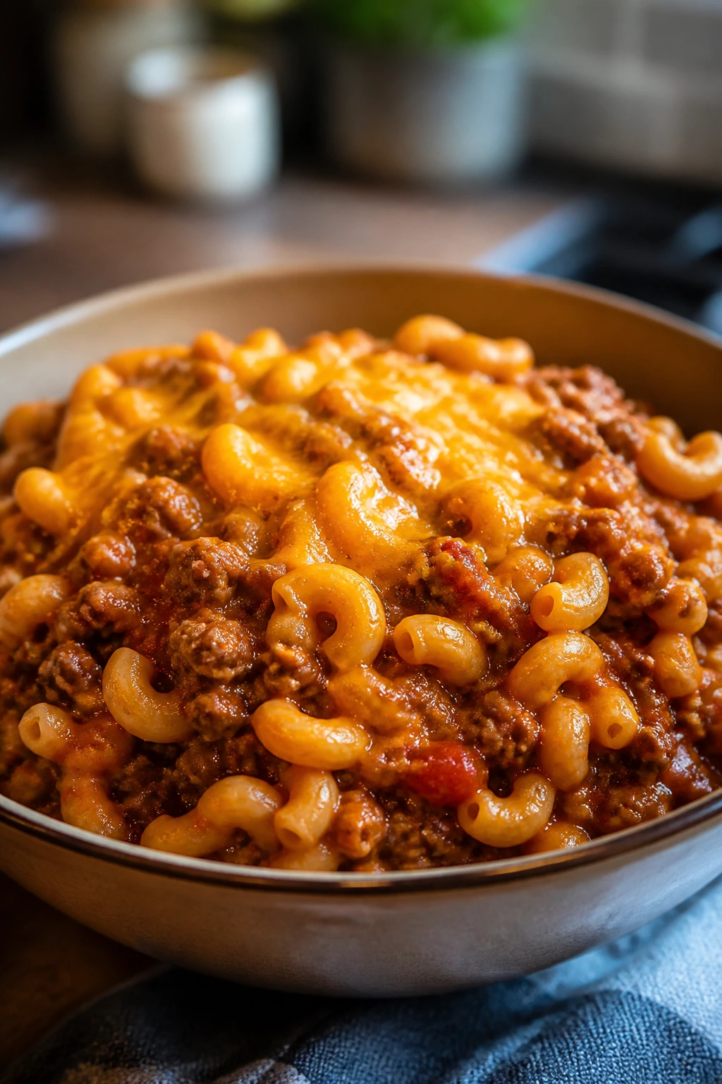 Bowl of chili mac with cheddar