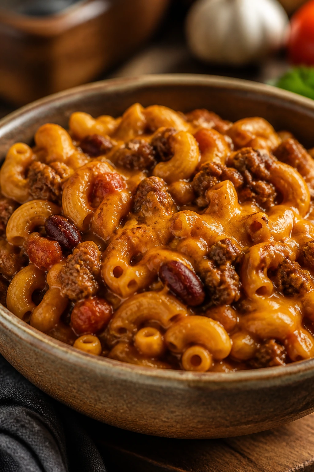 Close-up of chili mac in a rustic bowl with melted cheddar