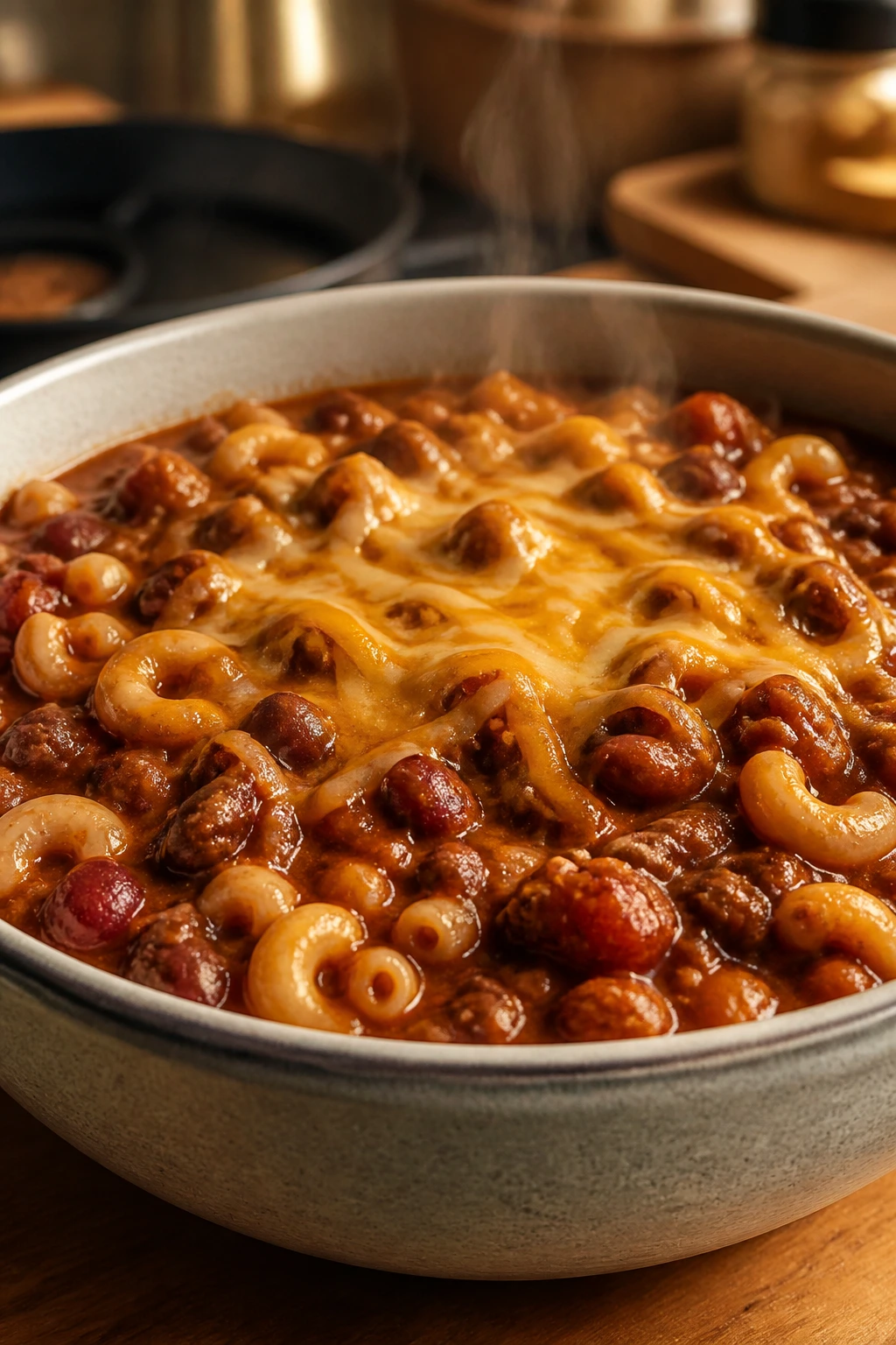 Deep bowl of chili mac with pasta, beans, and cheese