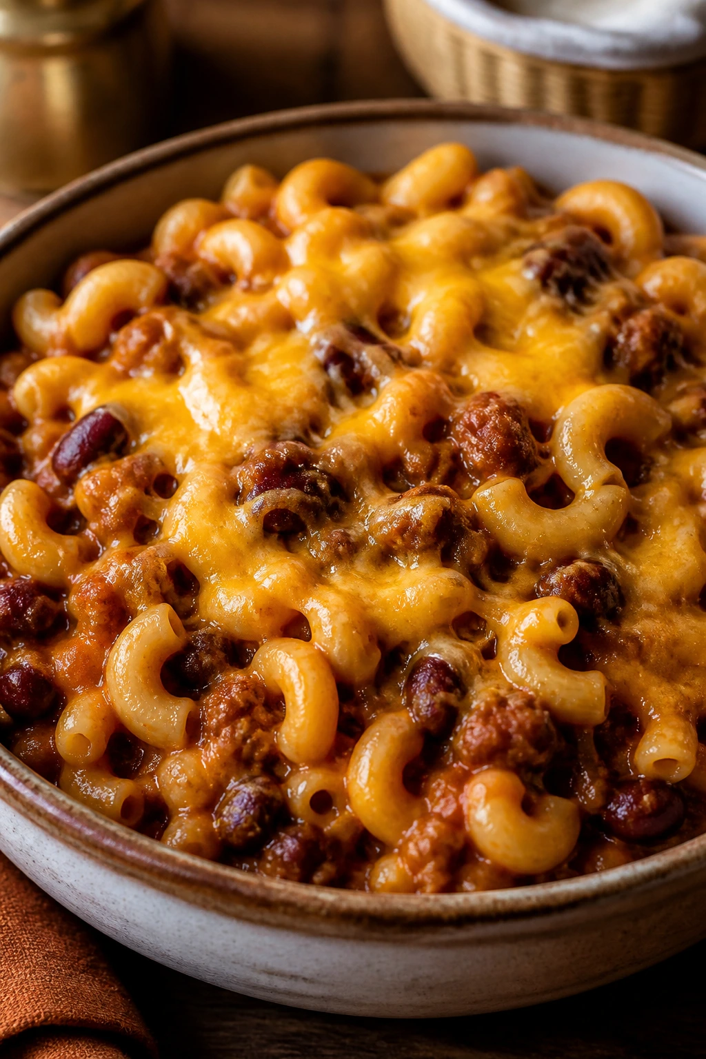 Close-up of chili mac with cheddar on top in a bowl