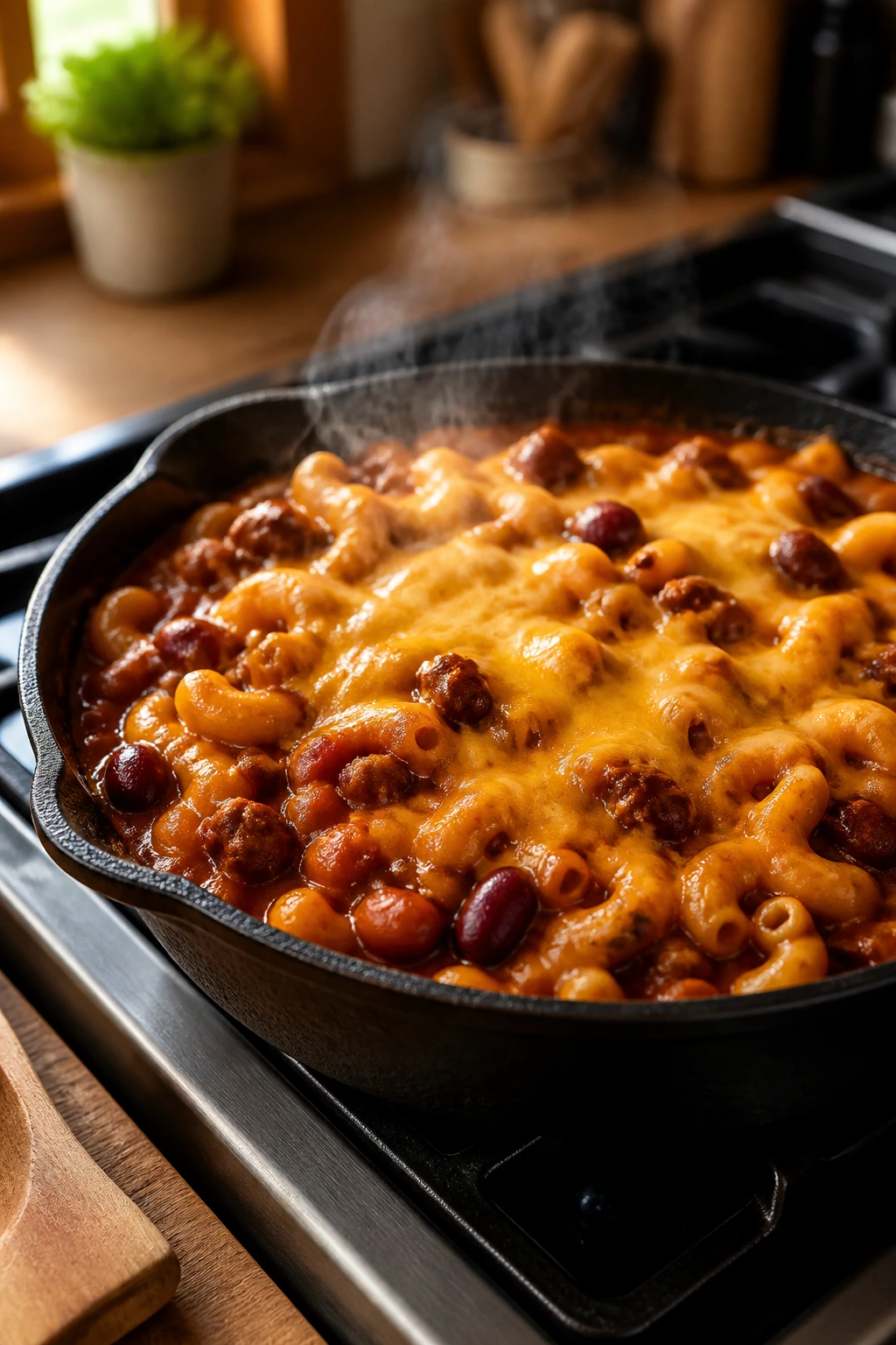 Chili mac in a skillet with melted cheese on a kitchen counter