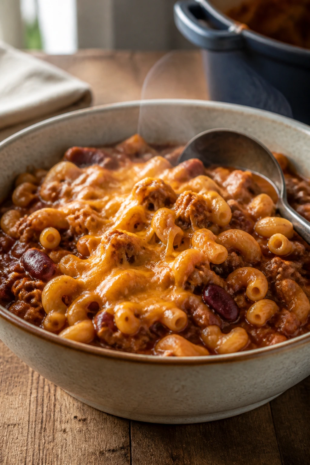 Steaming bowl of chili mac with cheese and beans in a rustic ceramic dish