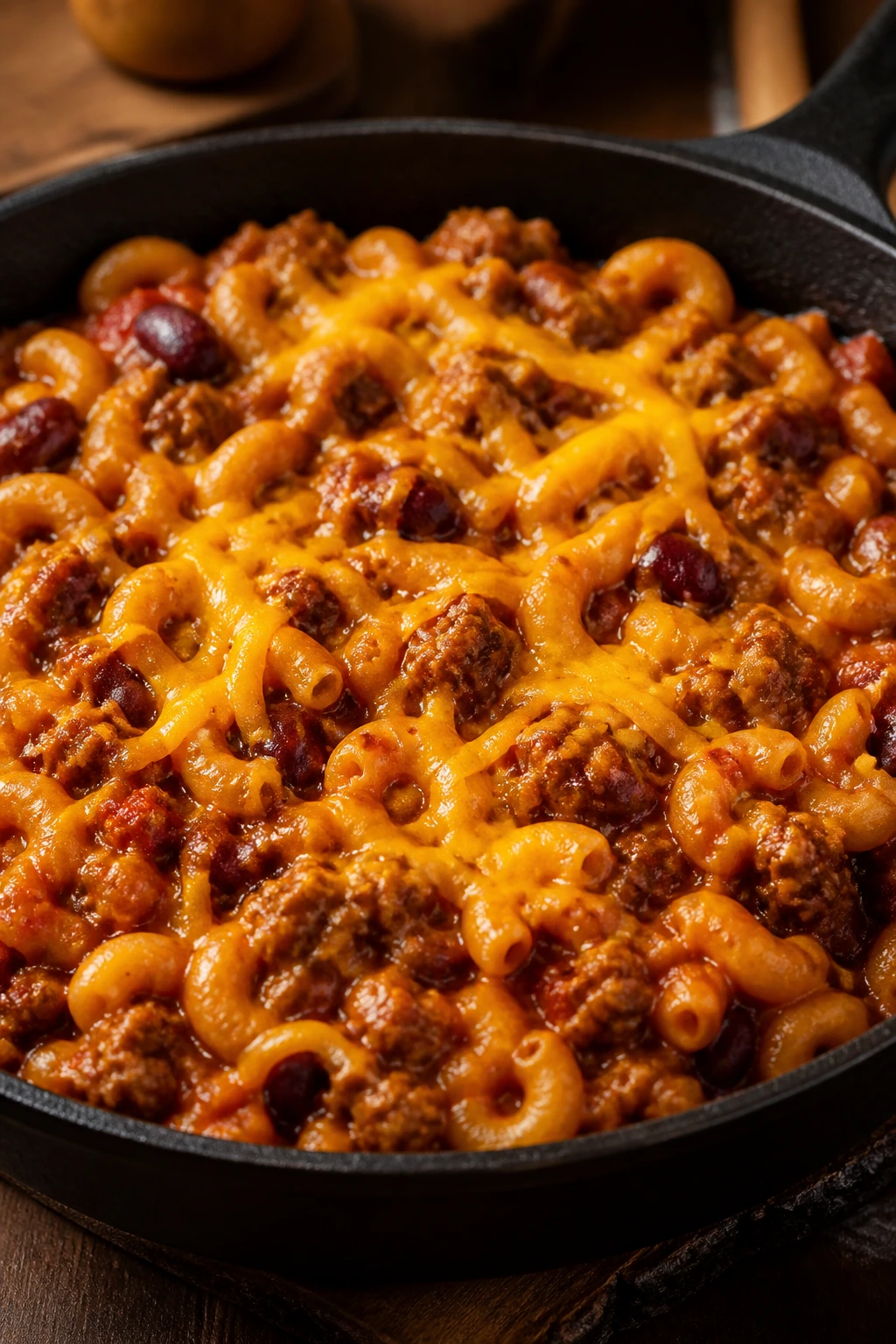 Chili mac skillet with beef beans tomatoes and cheese