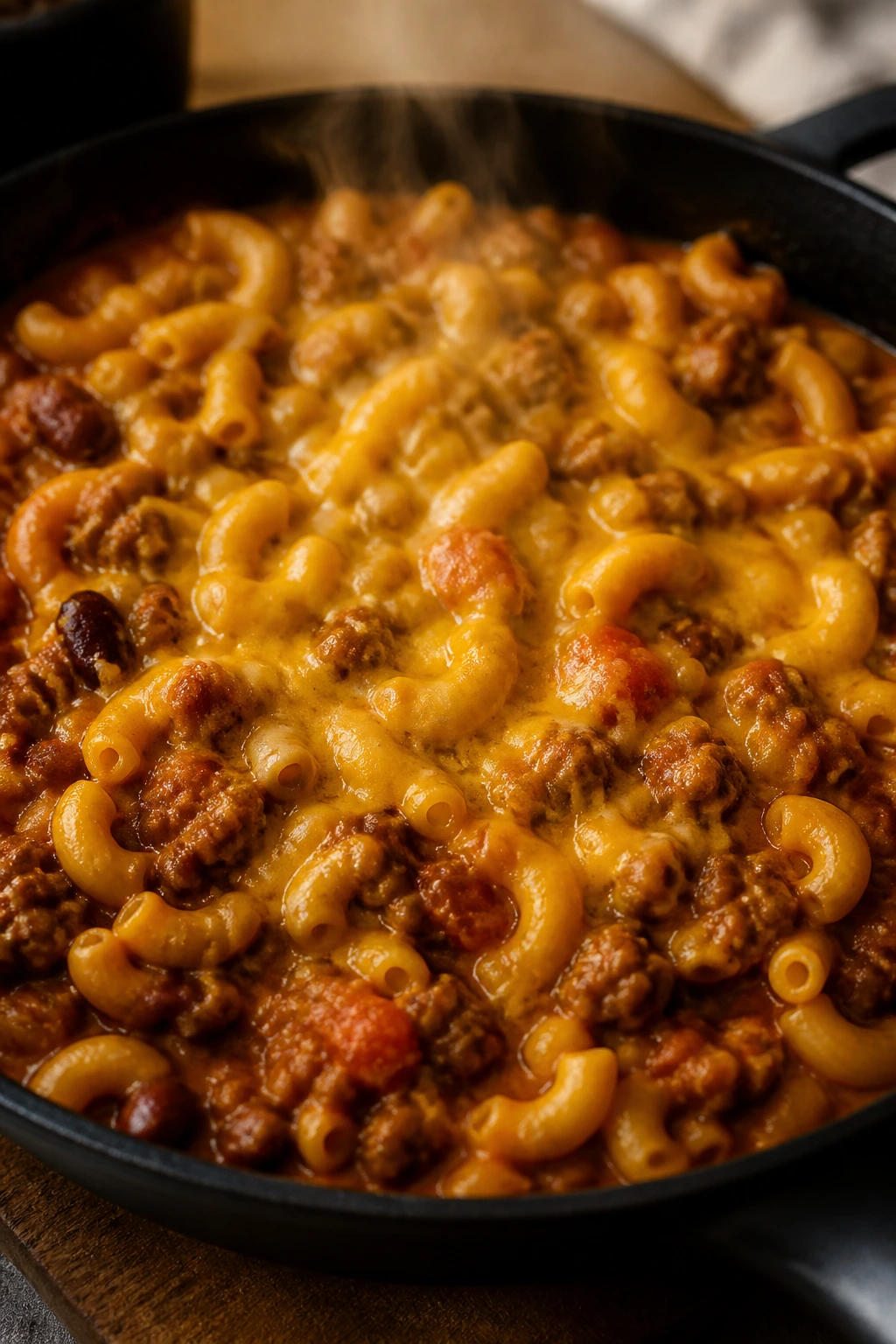 Chili mac in a skillet with melted cheddar