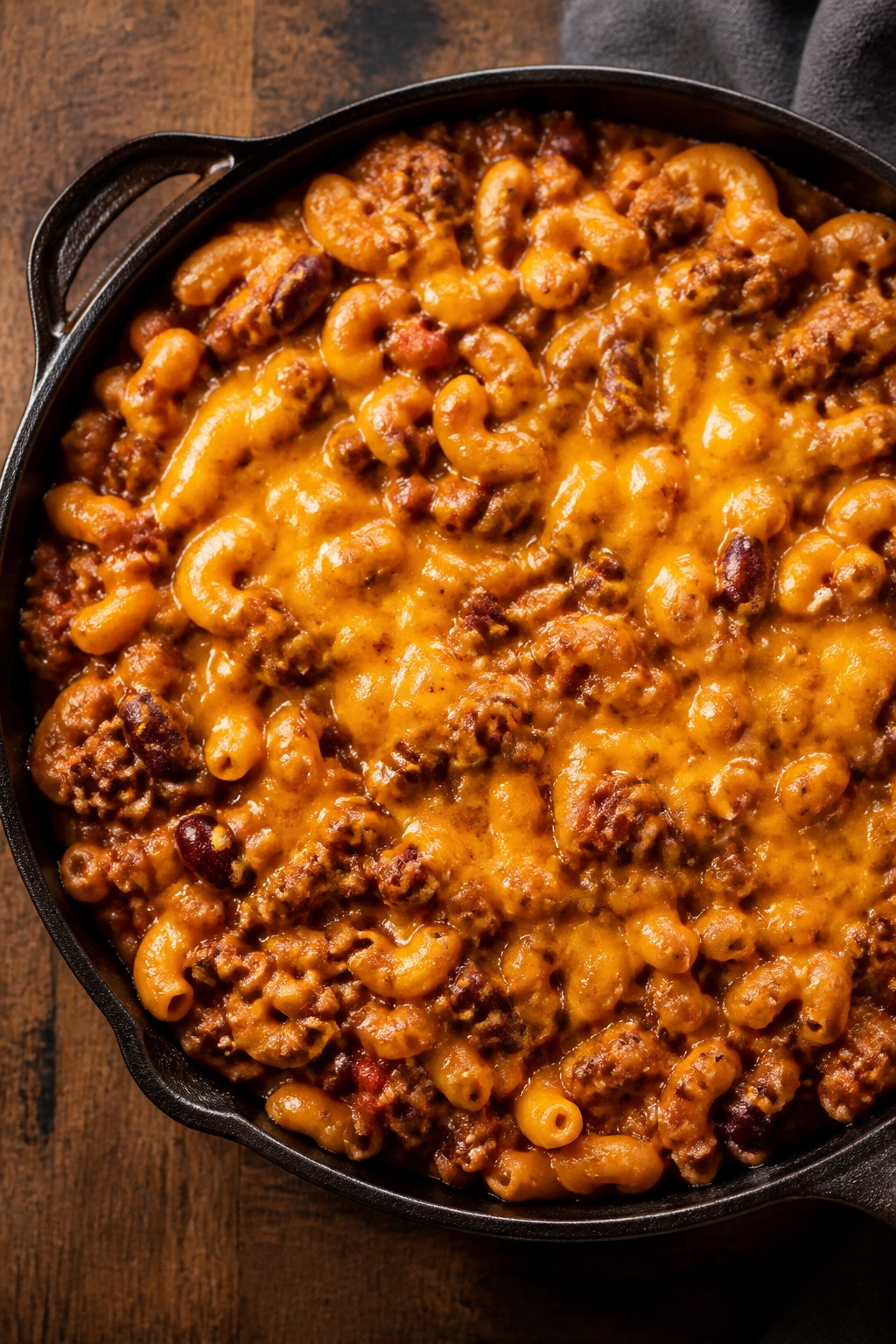Chili mac in a cast-iron skillet on a wooden counter