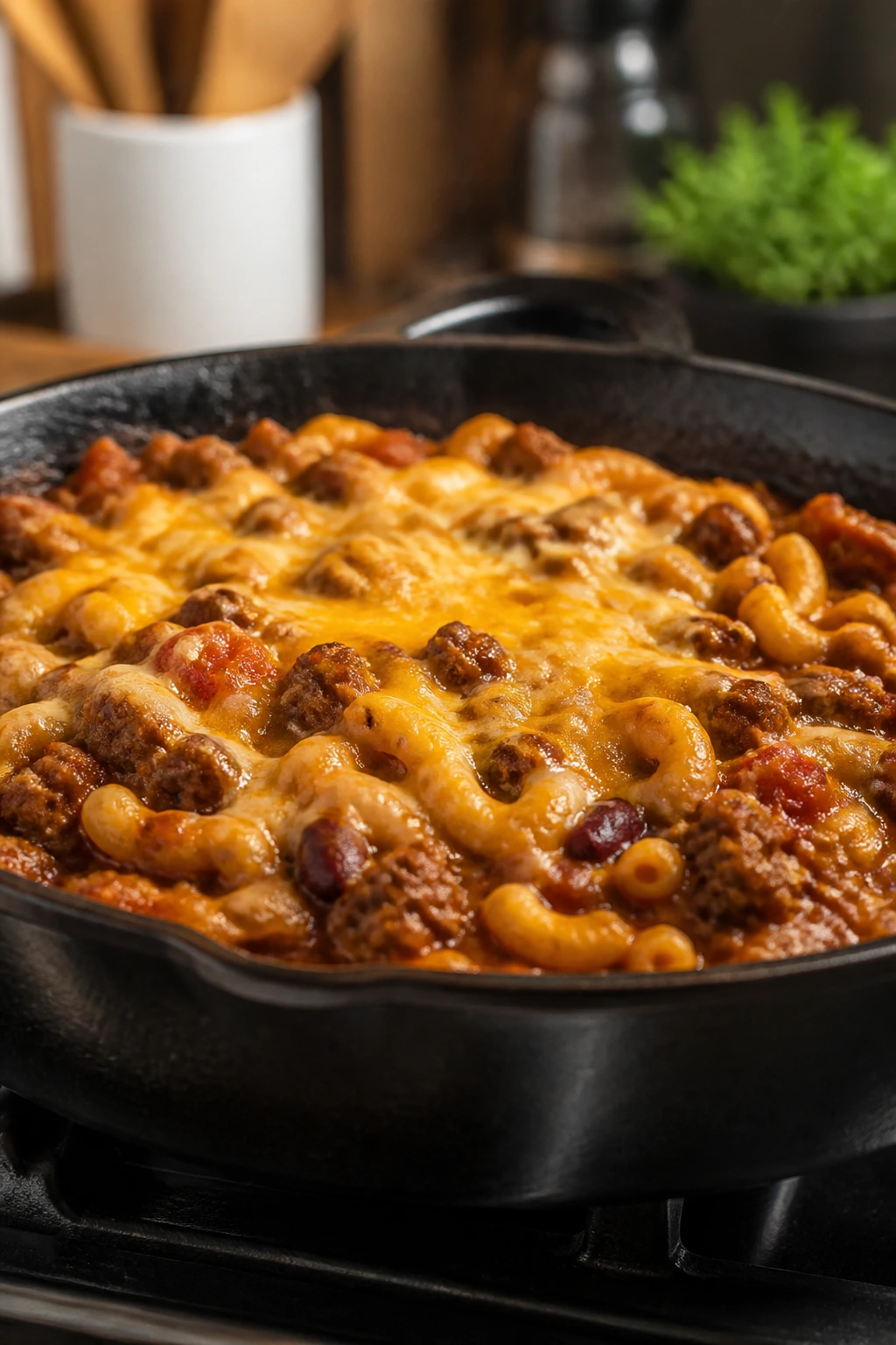 Close-up of chili mac in a skillet with melted cheese