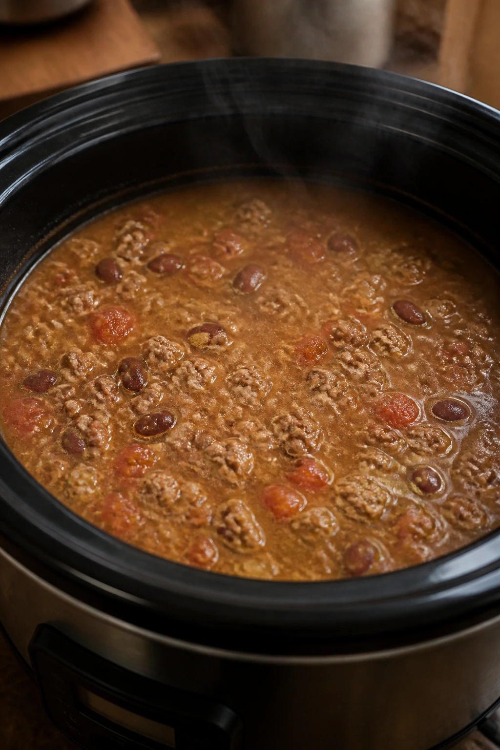 Flat, pale chili in the slow cooker interior