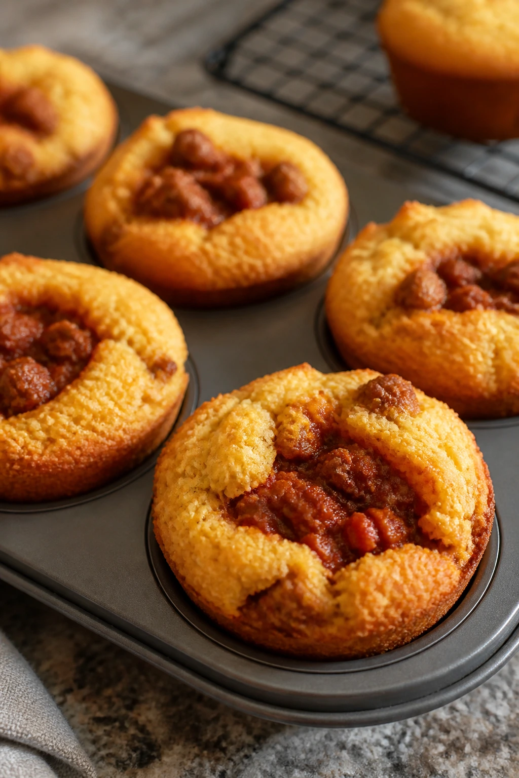 Close-up of chili-filled cornbread muffins in a muffin tin.