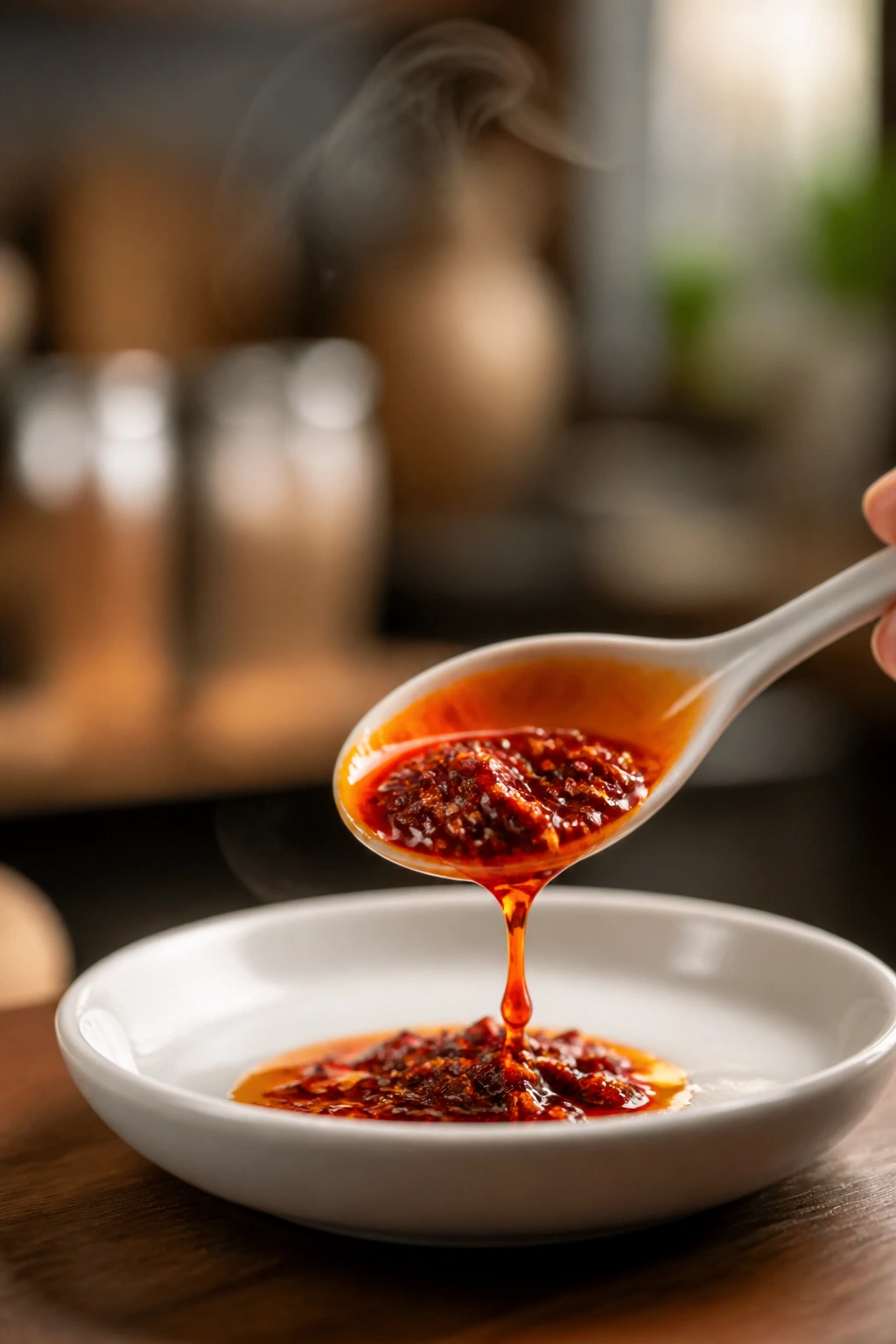 Spoon of chili oil over a white dish