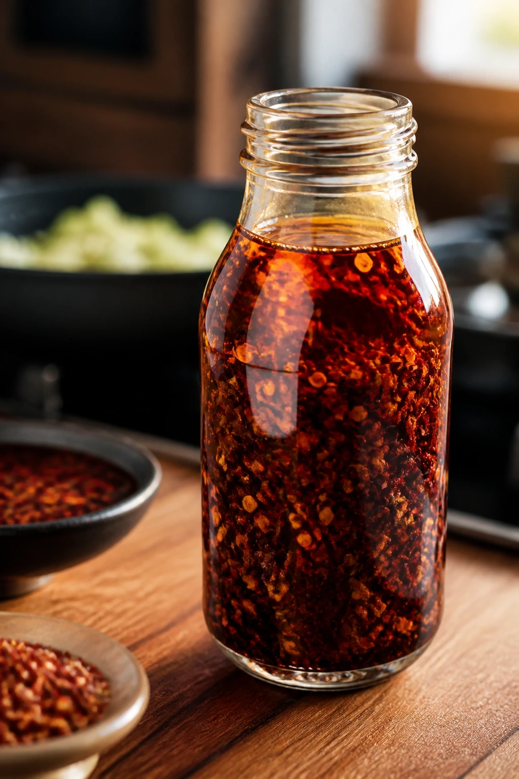 Close-up of chili oil bottle on a wooden kitchen counter.