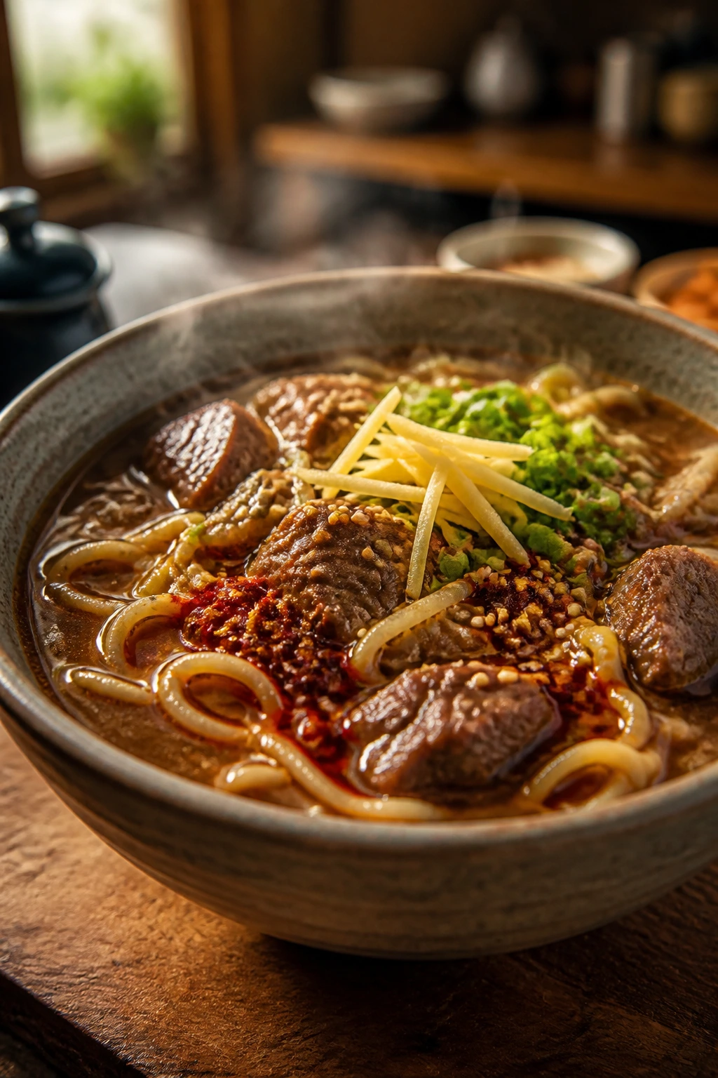 Beef noodle soup with chili oil and ginger ribbons close-up showing variations