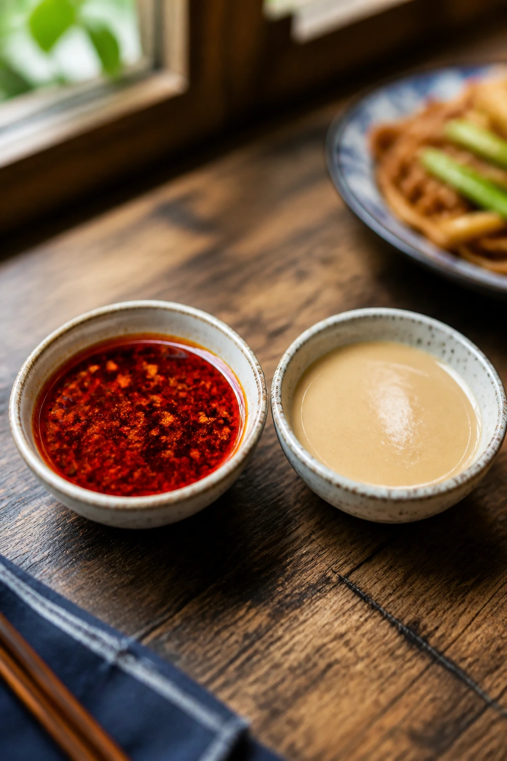 Two sauce bowls for spicy and mild options on wood table