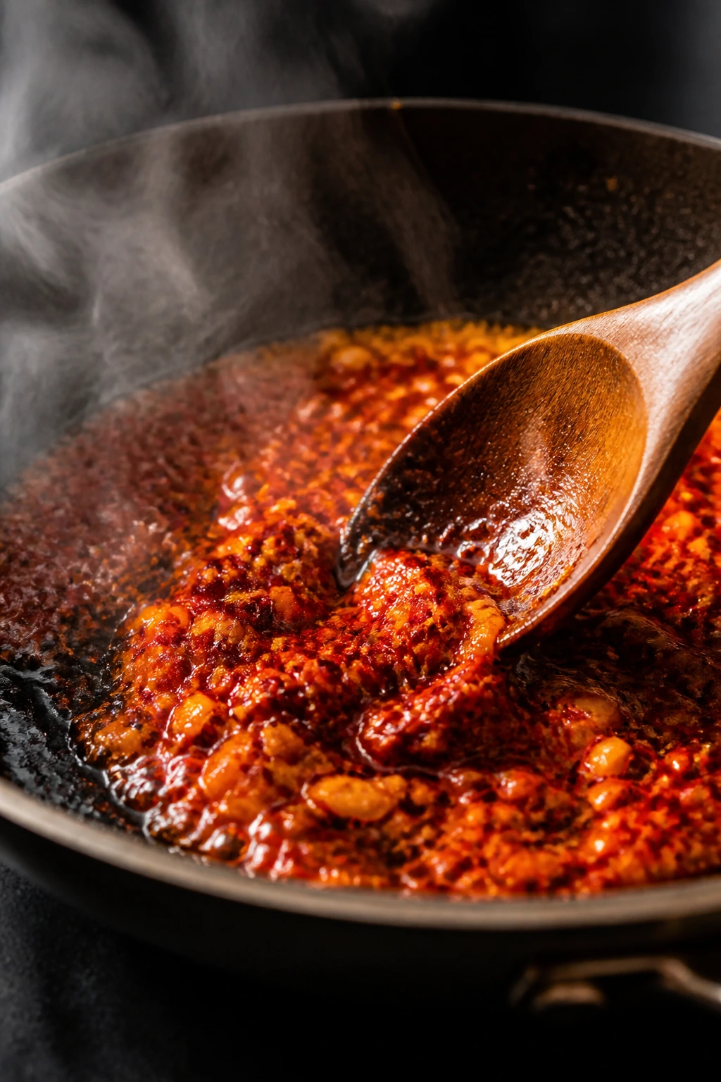 Chili paste blooming in hot oil in a skillet.