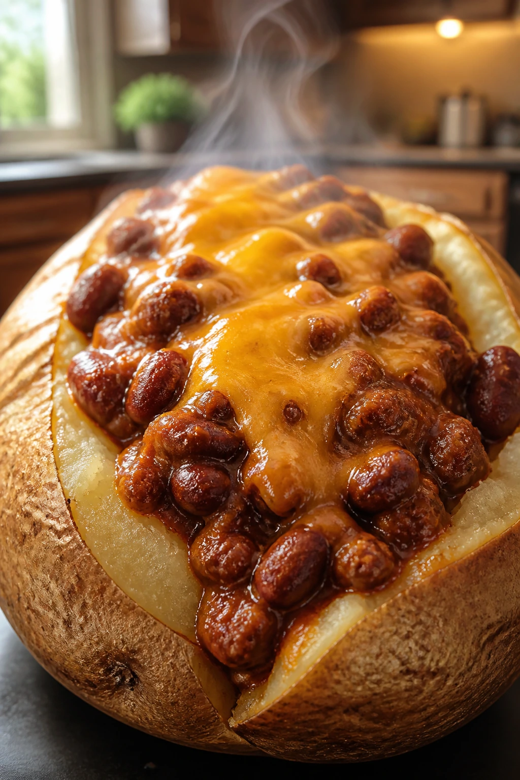 Close-up of chili-covered loaded baked potato with cheddar